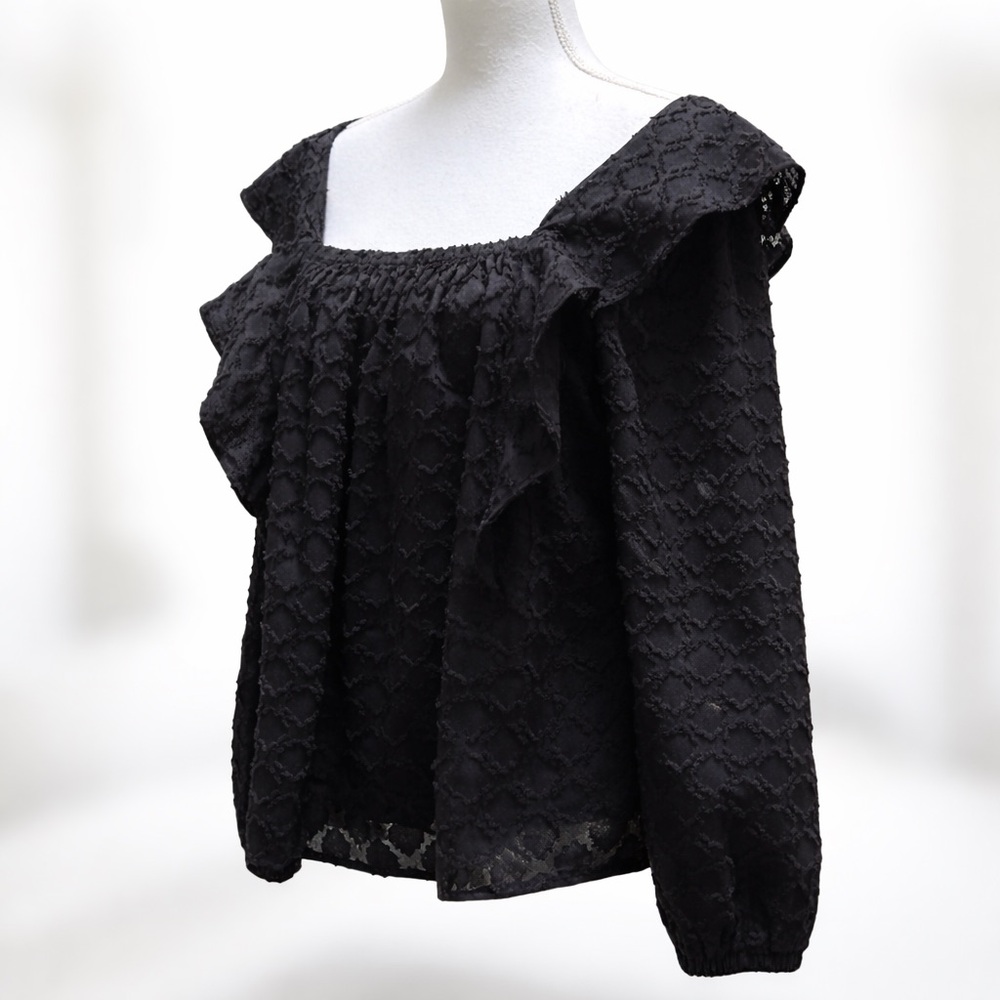 Vineyard Vines Textured Cotton Ruffle Jacquard‎ Top Black Long Sleeve L
